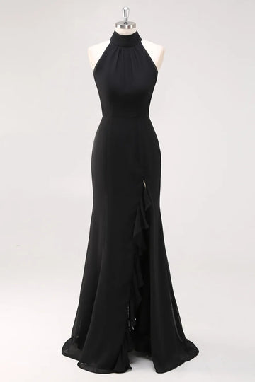 Halter Neck Ruffles Mermaid Black Maxi Formal Dress with Slit